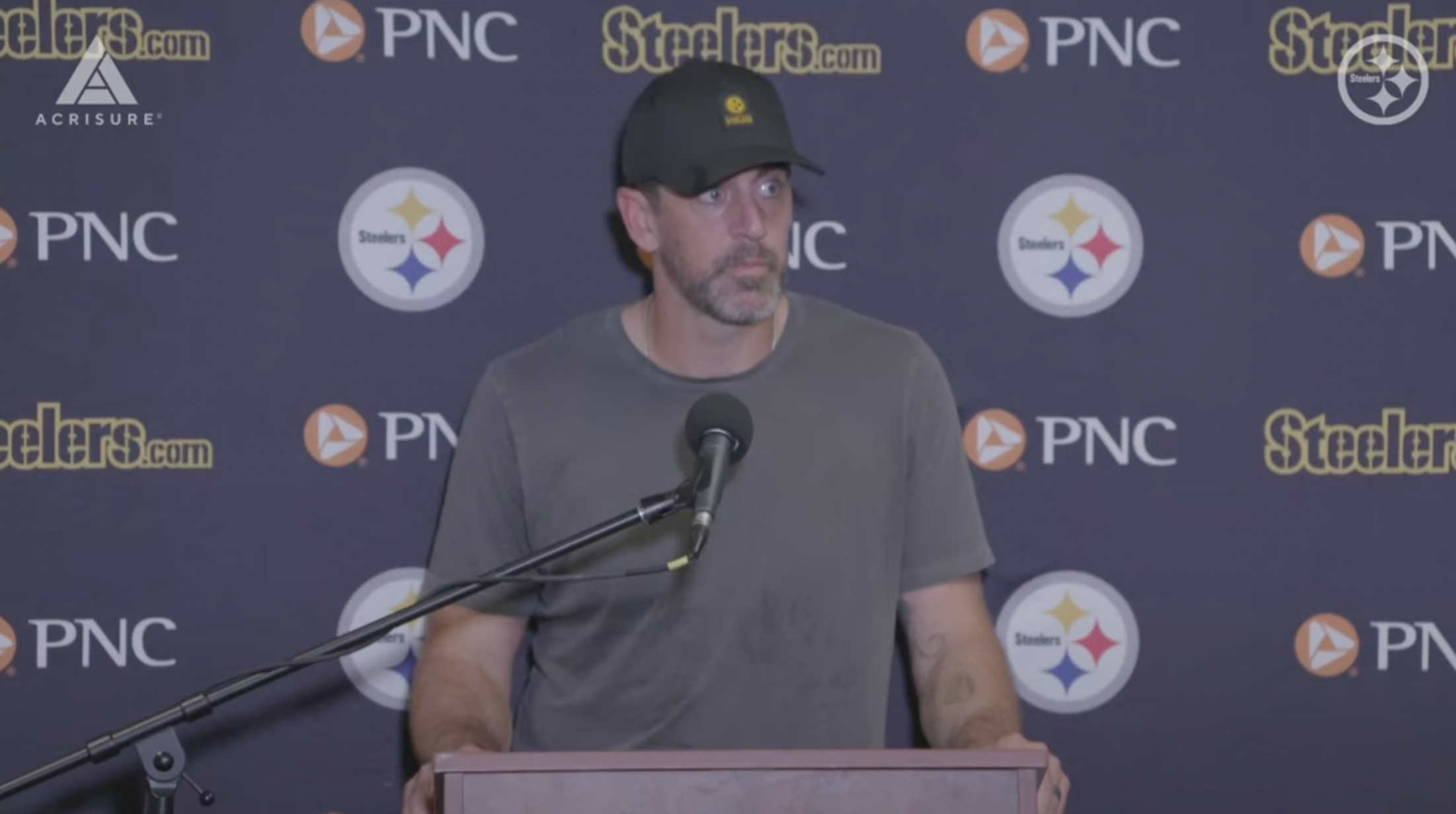 Aaron Rodgers speaks to the media following 34-32 win over New York Jets in Week 1 2025, 9/7/2025.